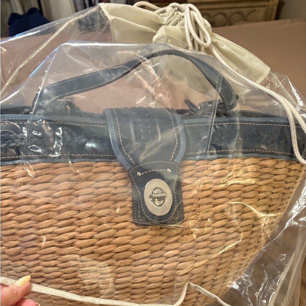 Woven Straw Tote with Navy Leather Trim - Picture 11 of 11